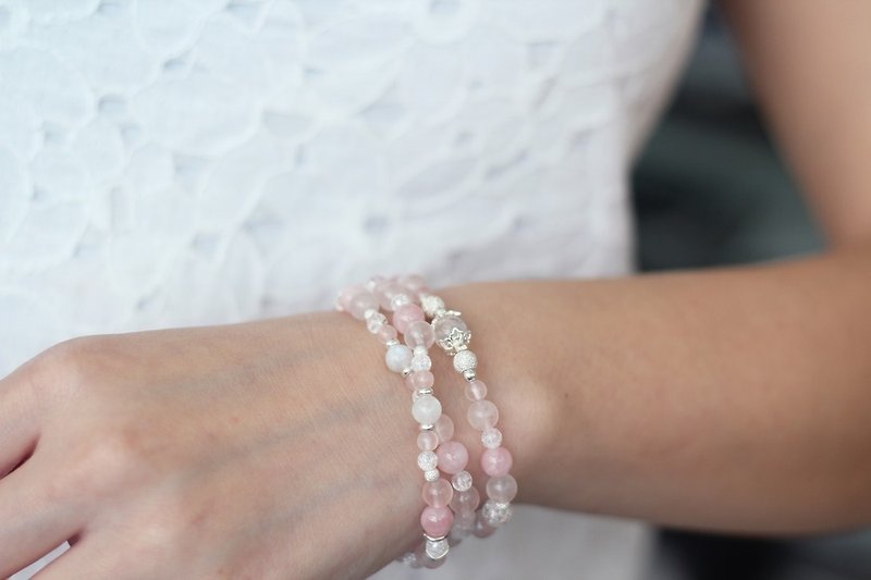 Cherry blossoms. Natural ore 3 strand sterling silver rosary beads pink crystal ice cracked white crystal warm and soft 3 circles - Bracelets - Gemstone Pink