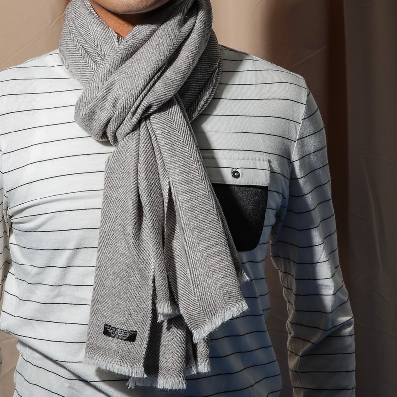 [Thick Style] Cashmere cashmere scarf/shawl hand-woven taupe twill thick style - ผ้าพันคอถัก - ขนแกะ สีเทา