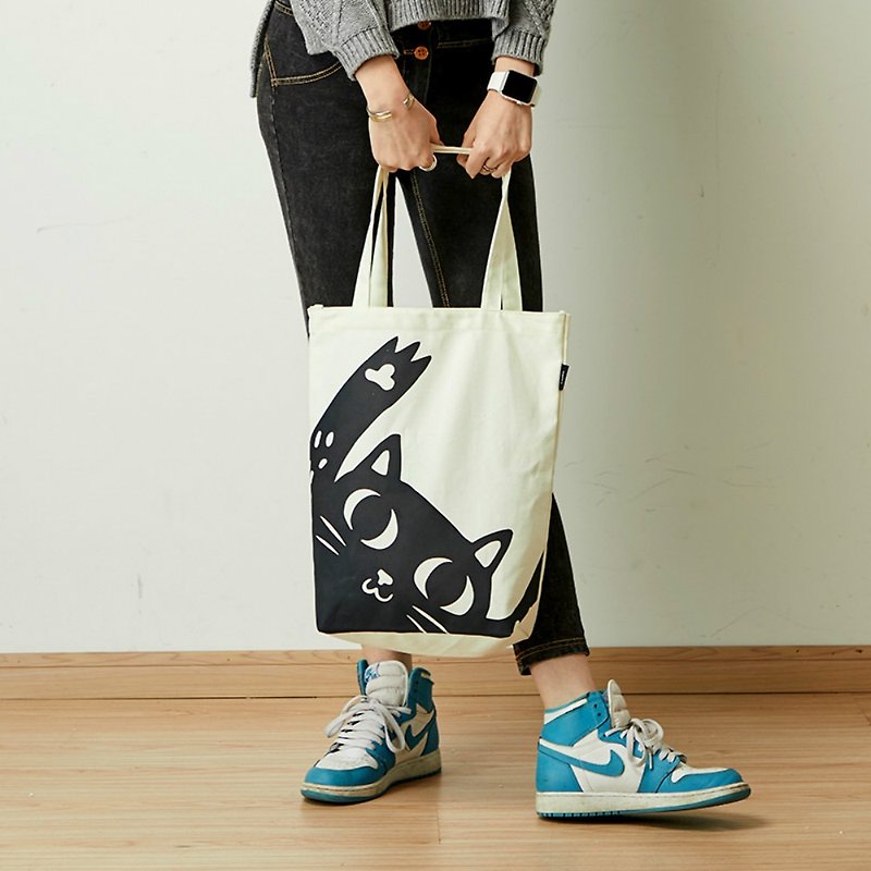 Meow meow orange/black super cute canvas crossbody bag tote bag cotton travel eco-friendly shopping bag - กระเป๋าแมสเซนเจอร์ - ผ้าฝ้าย/ผ้าลินิน สีส้ม