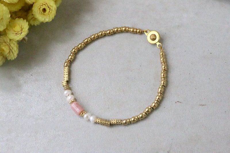 ローズストーン自然石の真珠のブレスレット-0788小さな真鍮の草 - ブレスレット - 宝石 ピンク