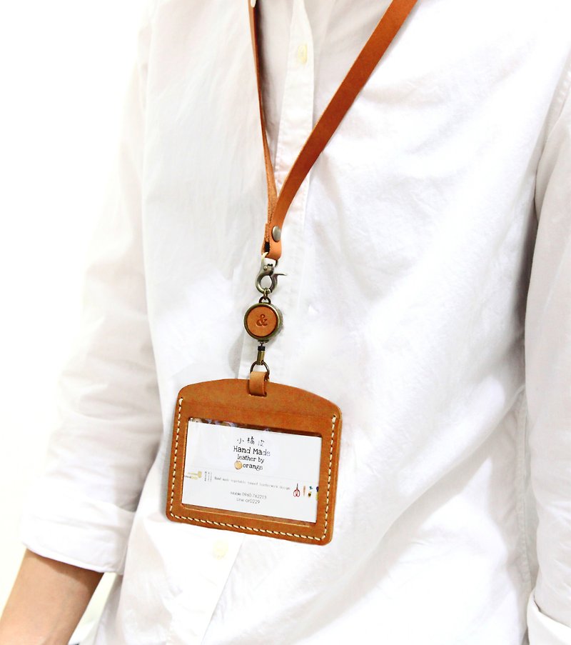 Small orange peel tanned leather neckband extension card sets / telescopic identification / retractable leisure card clip - ที่ใส่บัตรคล้องคอ - หนังแท้ สีนำ้ตาล