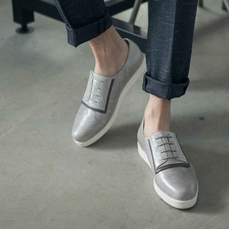 Square Devil Sticky Fake Strap Leather Casual Shoes Grey Men's - รองเท้าลำลองผู้ชาย - หนังแท้ สีเทา