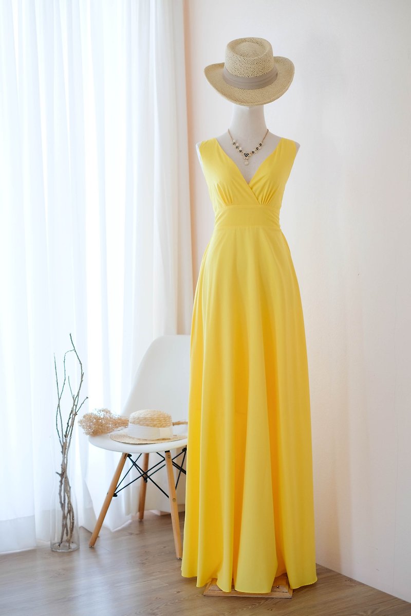 Yellow dress Maxi bridesmaid dress cocktail prom party vintage dress - 連身裙 - 聚酯纖維 黃色
