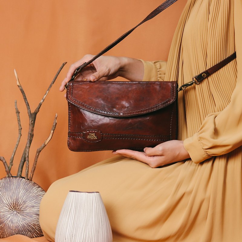 THE BRIDGE antique bag B05 brown side backpack, leather brass [Tsubasa.Y 古 着 屋] - Messenger Bags & Sling Bags - Genuine Leather Brown