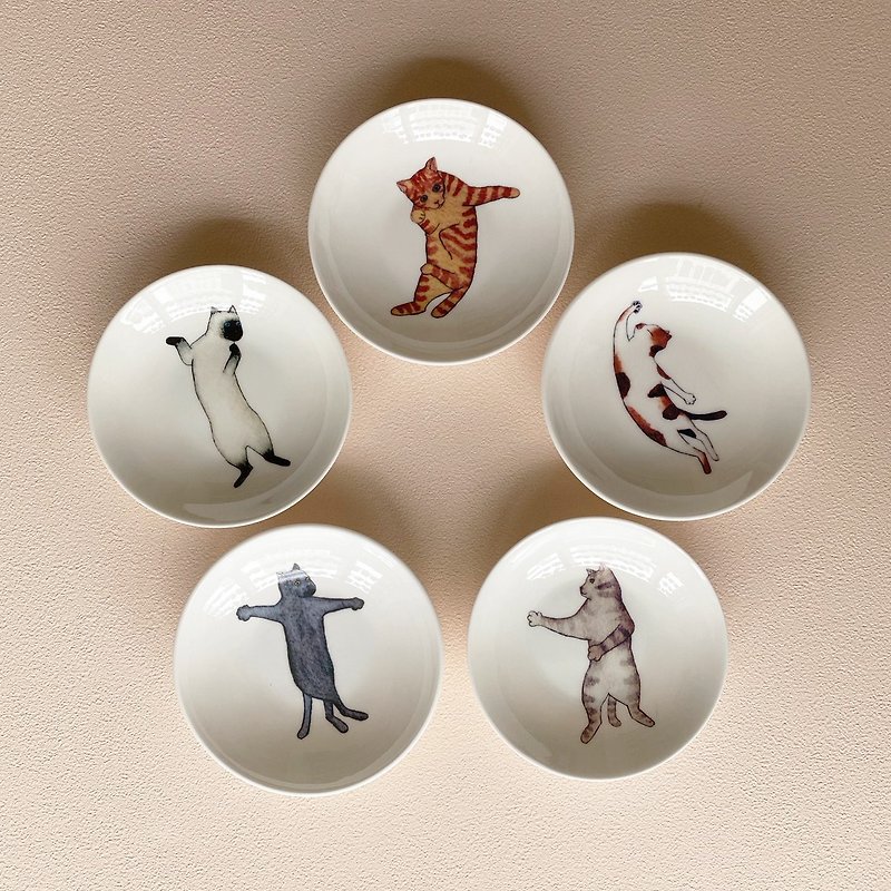 Drunken Master Meow Meow 4-Inch Porcelain Plate 5 Small Cat Dishes Birthday Gift - จานเล็ก - เครื่องลายคราม สีกากี