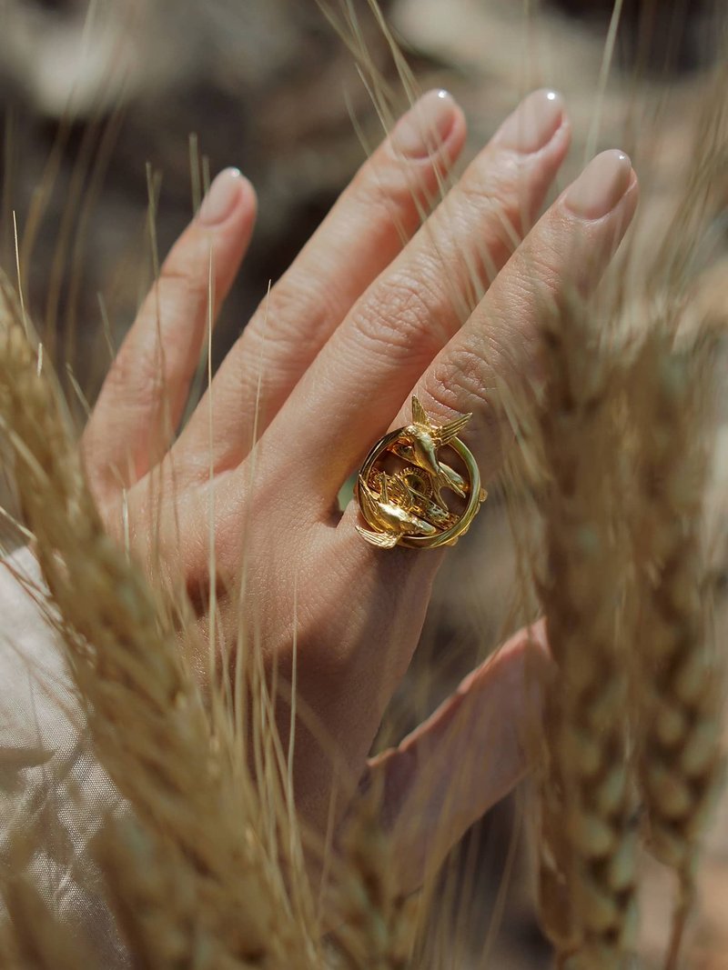 Swallow Stacking Ring Set - Couple Swallow Rings, Sunrise Ring, and Round Ring. - 戒指 - 純銀 金色