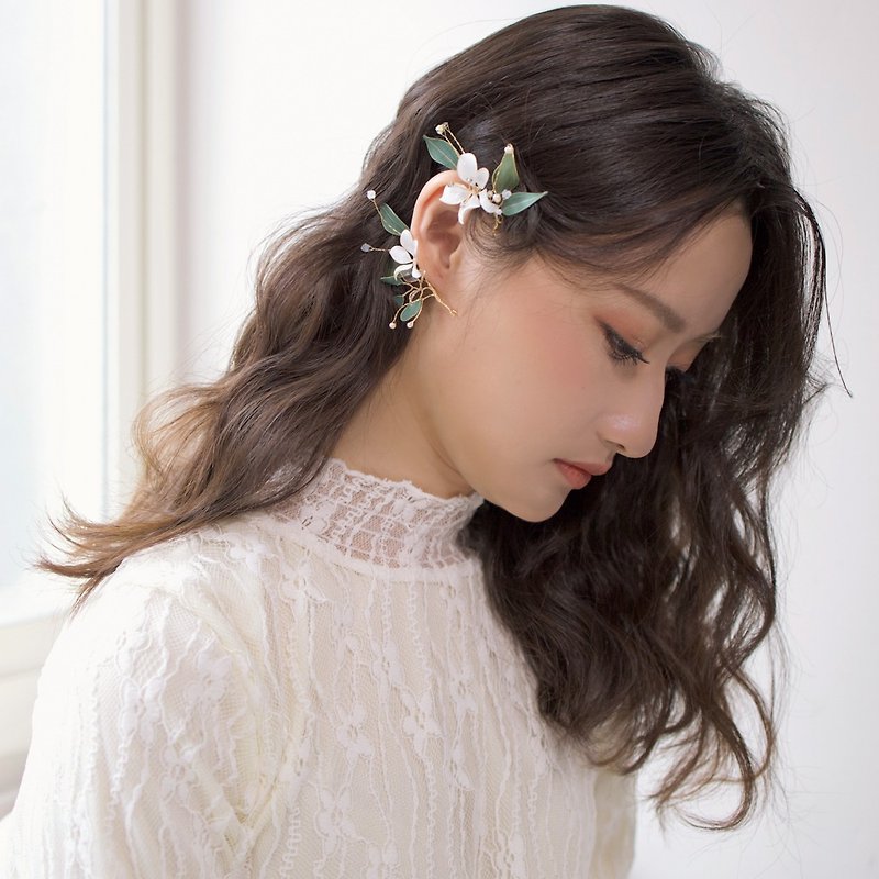 【春芽】 兩用飾品(髮飾、耳掛) | 水晶花飾品 | 新娘髮飾 - 髮飾 - 樹脂 白色