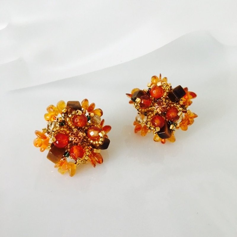 Amber ☆ Gold ☆ Earrings - ต่างหู - เครื่องเพชรพลอย สีส้ม