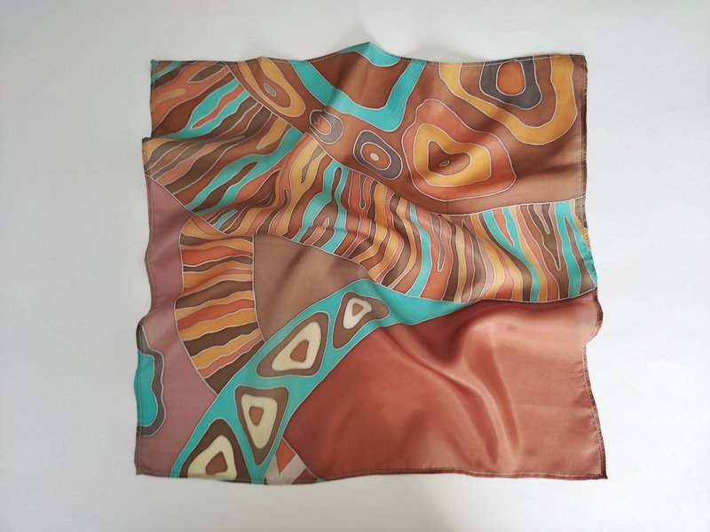 Brown with turquoise silk scarf hand painted batik Small square silk scarves - 絲巾 - 絲．絹 咖啡色