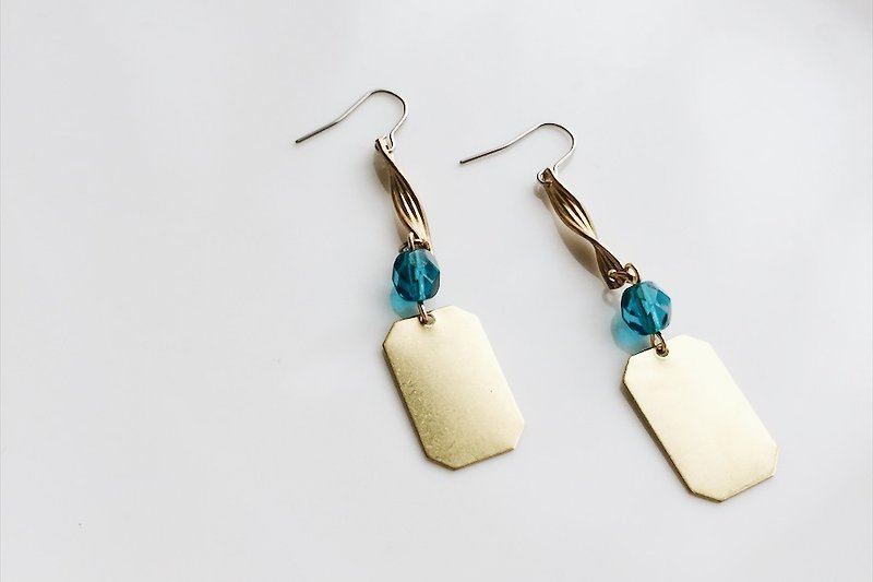 復古藍 長型黃銅造型耳環 - 耳環/耳夾 - 其他金屬 藍色