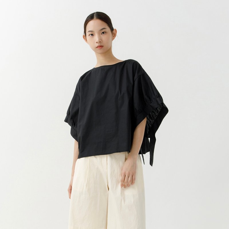 Ribbon puff sleeve wide top - Women's Tops - Cotton & Hemp Black