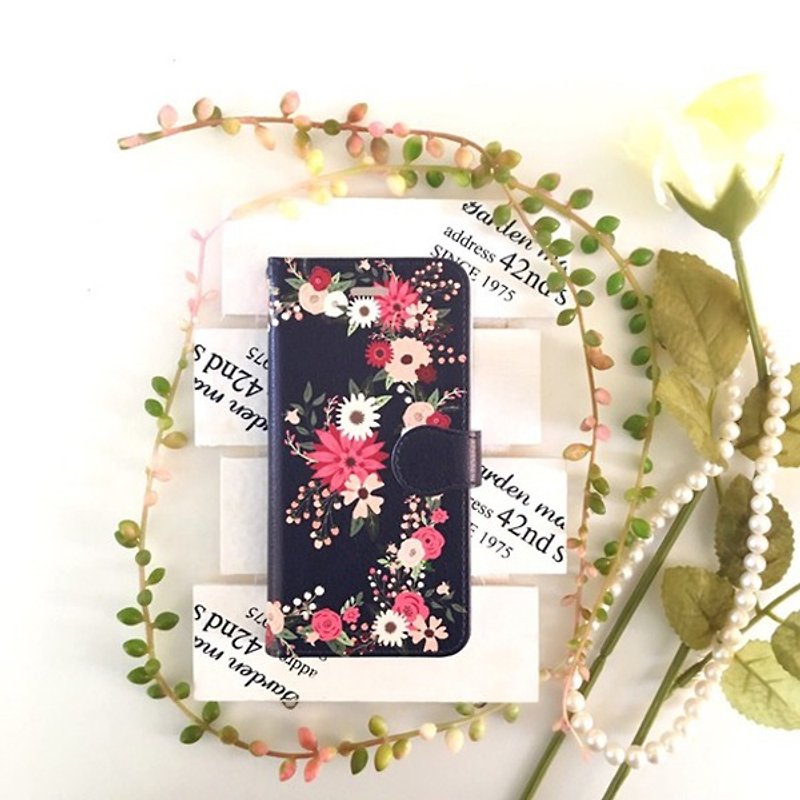 pajour) Navy retro botanical flower garden pattern notebook type case without bijou [Autumn / Winter] [Floral pattern] - Phone Cases - Genuine Leather Blue