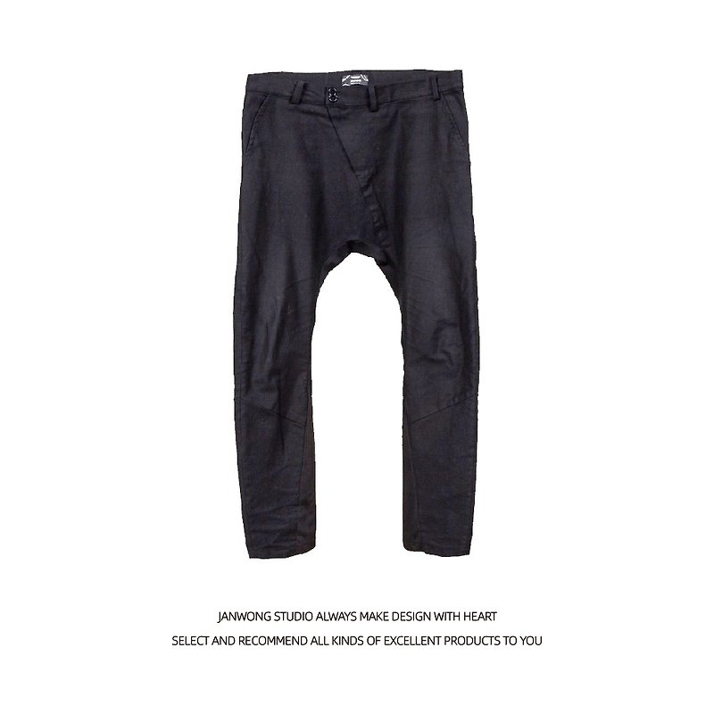 Men's oblique zipper low crotch pants irregular trousers cutlass design men's leg-cut pants dark black Japanese style - กางเกงขายาว - ผ้าฝ้าย/ผ้าลินิน สีดำ
