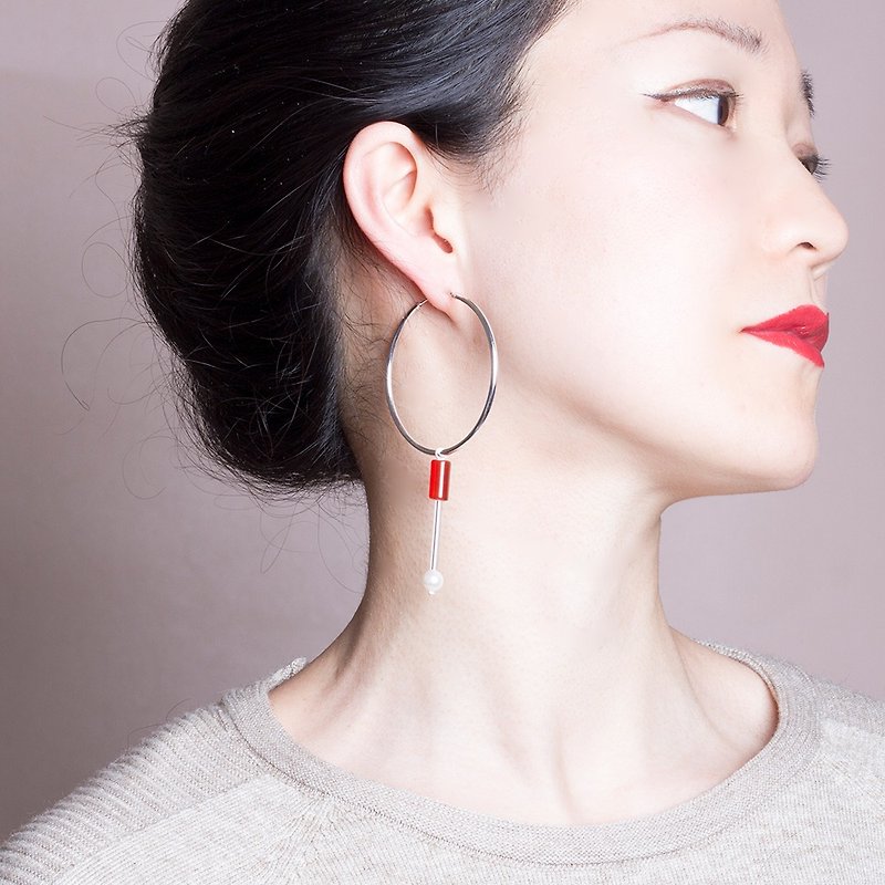YUNSUO-original design-red agate silver circle hoop earrings - ต่างหู - โลหะ สีแดง