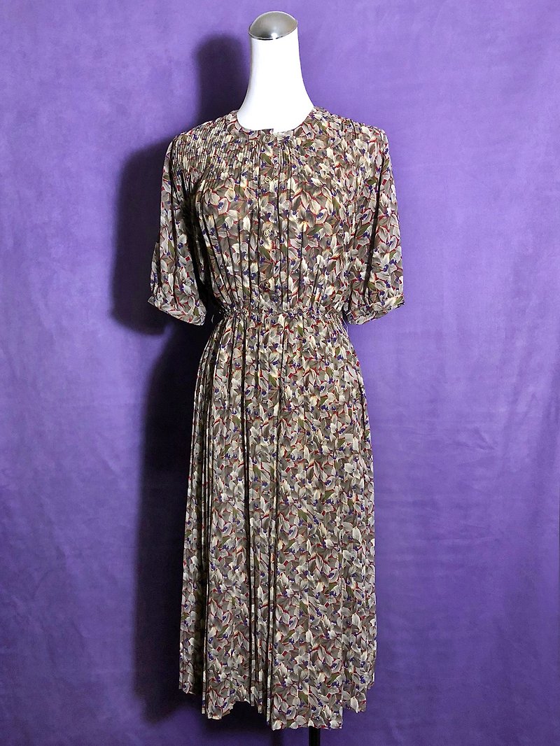 Flower pleated chiffon short-sleeved vintage dress / brought back to VINTAGE abroad - ชุดเดรส - เส้นใยสังเคราะห์ หลากหลายสี