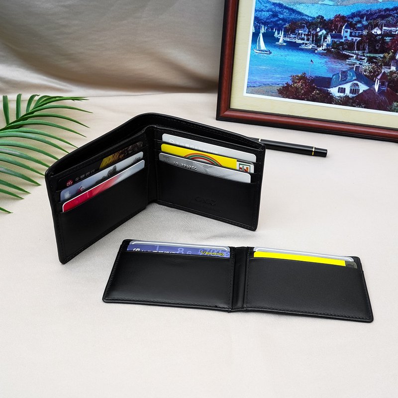 12枚のカード2枚の写真がエンボス加工された左右の取り外し可能な牛革の短いクリップで織られています - 財布 - 革 ブラック