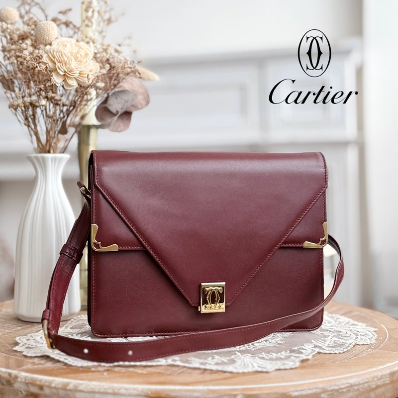 經典美品 Cartier Vintage 卡地亞經典酒紅信封式金釦古董肩背包 - 錢包/皮夾/長短夾 - 真皮 紅色