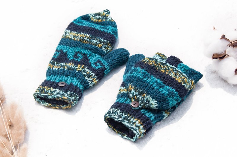 手織純羊毛針織手套/可拆卸手套/內刷毛手套/保暖手套-梵谷星夜空 - 手套 - 羊毛 藍色