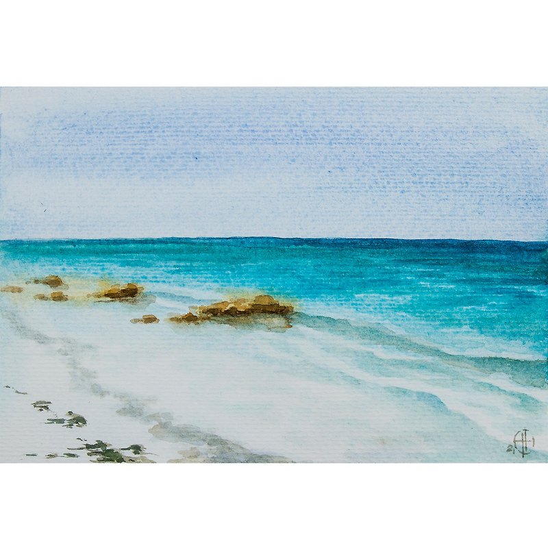 Seascape Painting Beach Original Art Small Watercolor Original Hand-Painted - โปสเตอร์ - กระดาษ สีน้ำเงิน