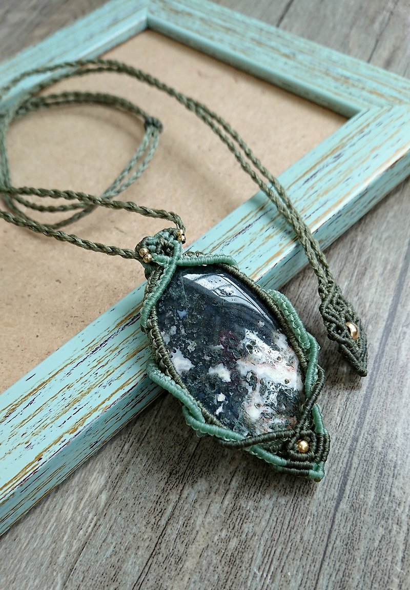 Misssheep P10- Natural Green Moss Agate Macrame Necklace, macrame pendant - Necklaces - Other Materials Green
