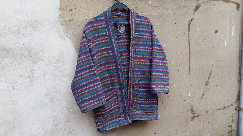 AMIN'S SHINY WORLD handmade custom color KIMONO coarse woven national wind hit the color small triangle smock coat - Women's Casual & Functional Jackets - Cotton & Hemp Multicolor