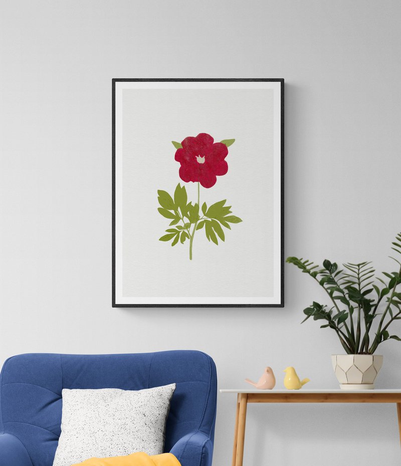 Red Peony Pressed Wildflower Art Print โปสเตอร์ ภาพพิมพ์ภาพวาด สำหรับการตกแต่ง - โปสเตอร์ - กระดาษ สีแดง