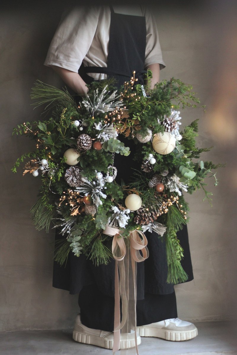 摩卡慕斯色系 【新鮮素材與仿真雪花松針】聖誕花圈 - 盆栽/植栽 - 植物．花 多色