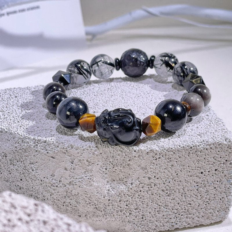 Courageous Dragon Turtle|Yellow Tiger Eye| Silver Stone|Golden Luck Stone|Black Hair Quartz|Crystal Bracelet A2407-2 - สร้อยข้อมือ - คริสตัล สีดำ