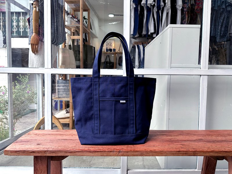 Canvas Tote Bag(M) with Hidden Pocket - Free Shipping - กระเป๋าถือ - ผ้าฝ้าย/ผ้าลินิน สีน้ำเงิน