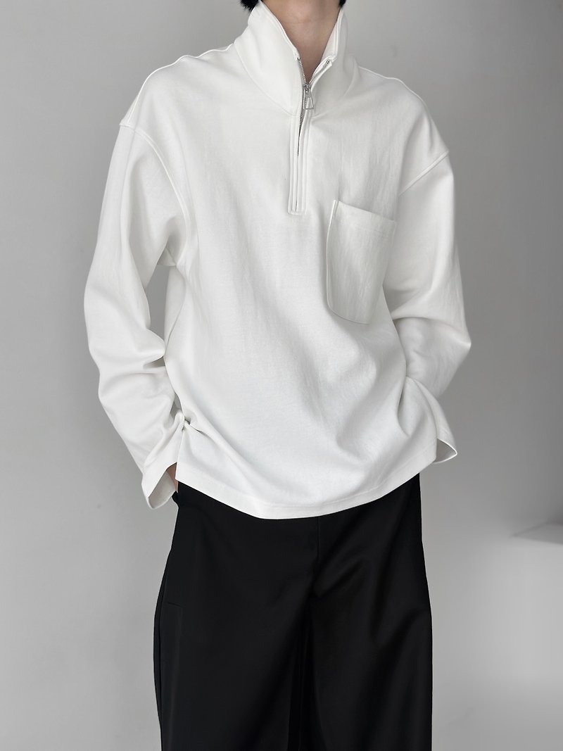 Minimalist lazy stand collar zipper T-shirt top - เสื้อยืดผู้ชาย - วัสดุอื่นๆ ขาว