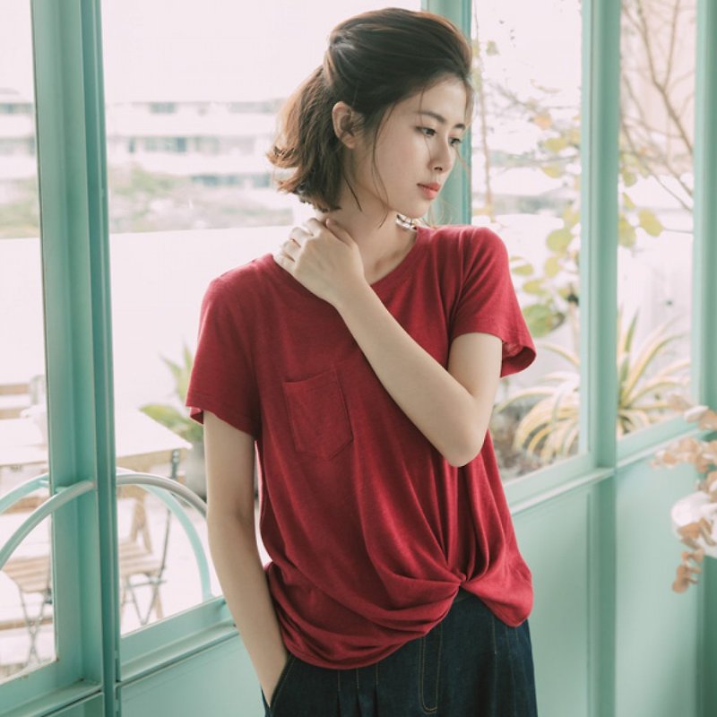 Twisted Organic Cotton Short Sleeve Top - Blush Red - เสื้อผู้หญิง - ผ้าฝ้าย/ผ้าลินิน สีแดง