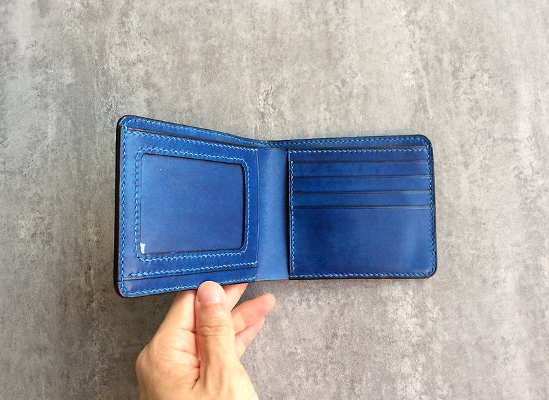 Fully Handmade Blue Leather Bi-Fold Short Wallet / Wallets / Clips - Wallets - Genuine Leather Blue