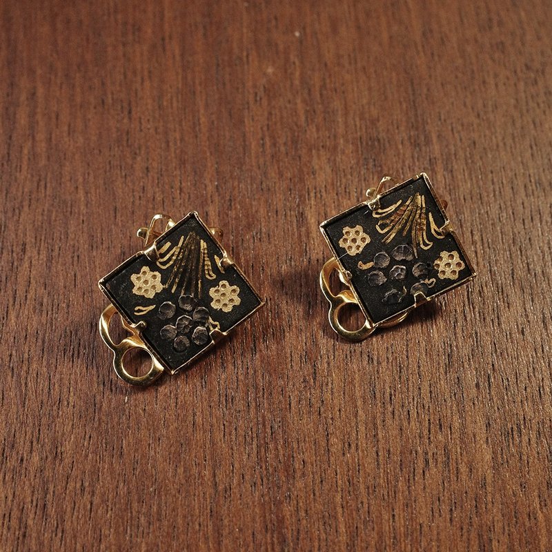 象嵌細工 和風鑲嵌 大馬士革金屬鑲嵌工藝 金鑲花 昭和 夾式 耳環 - 耳環/耳夾/耳骨夾 - 24k 金 金色