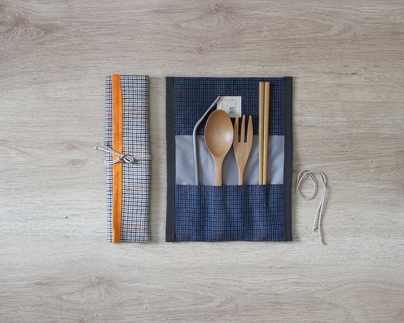 All-in-one POUCH checked linen cotton - Cutlery & Flatware - Cotton & Hemp Green