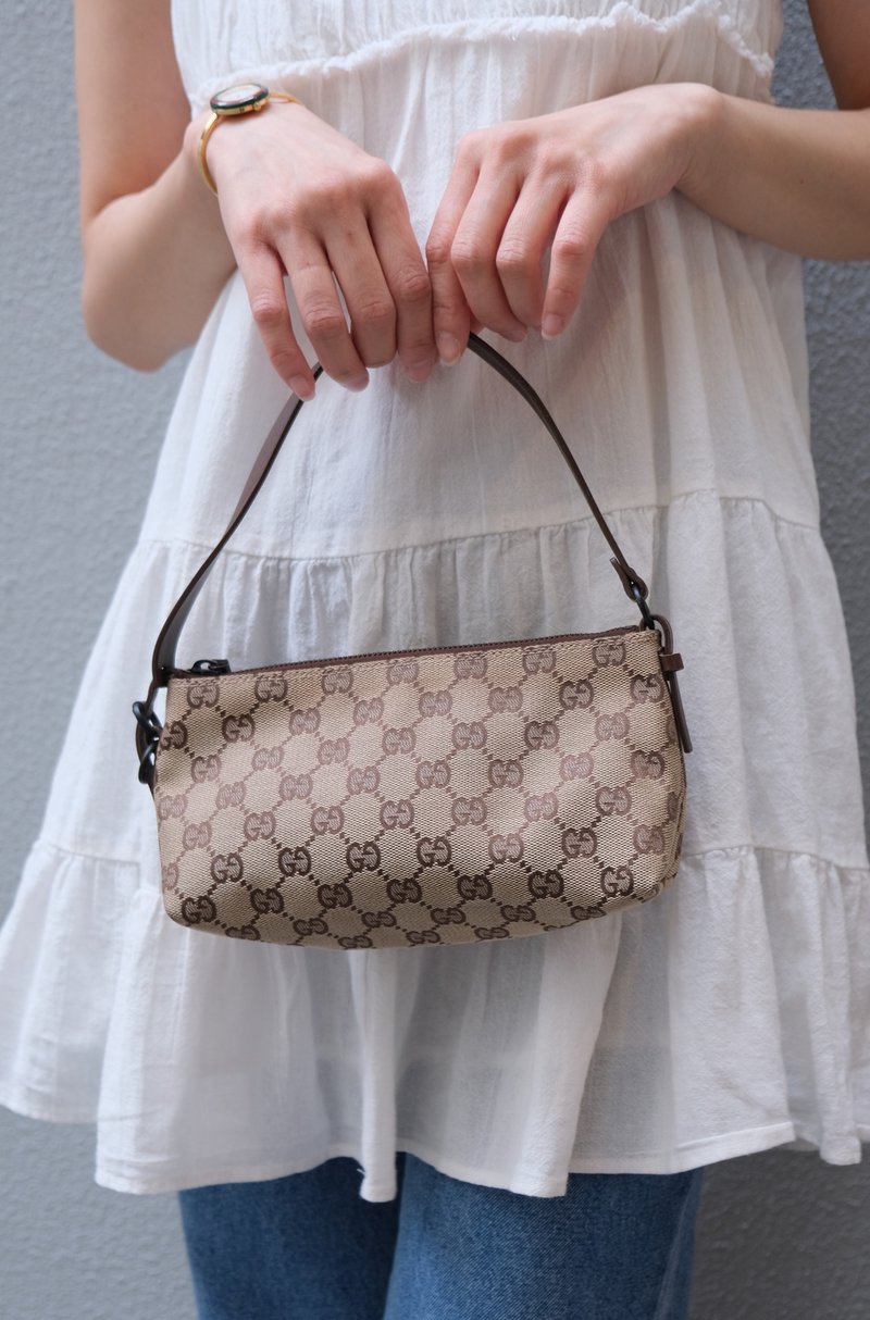 GUCCI canvas pouch bag handbag side backpack Japanese second-hand vintage - กระเป๋าแมสเซนเจอร์ - วัสดุอื่นๆ สีนำ้ตาล