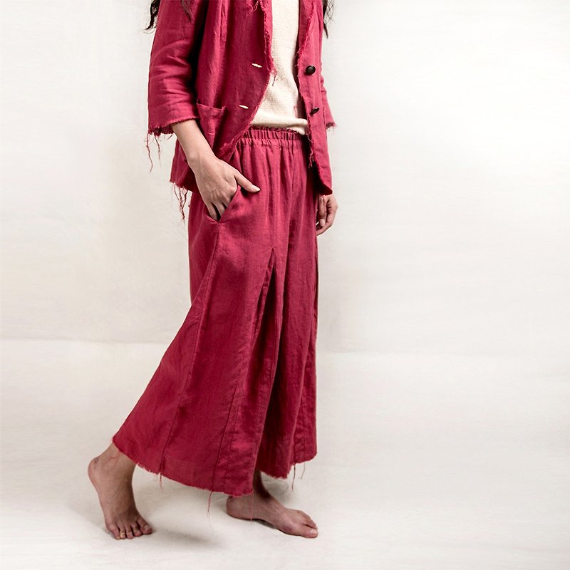 Pure linen red frayed pleated pants elastic waist casual loose three-dimensional - กางเกงขายาว - ลินิน 