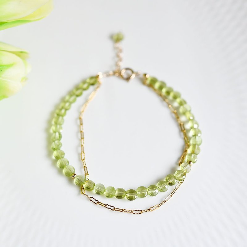 Happiness, Marital Love, Peace Coin Peridot and Wave Chain Double Bracelet August Birthstone - Bracelets - Other Metals Green