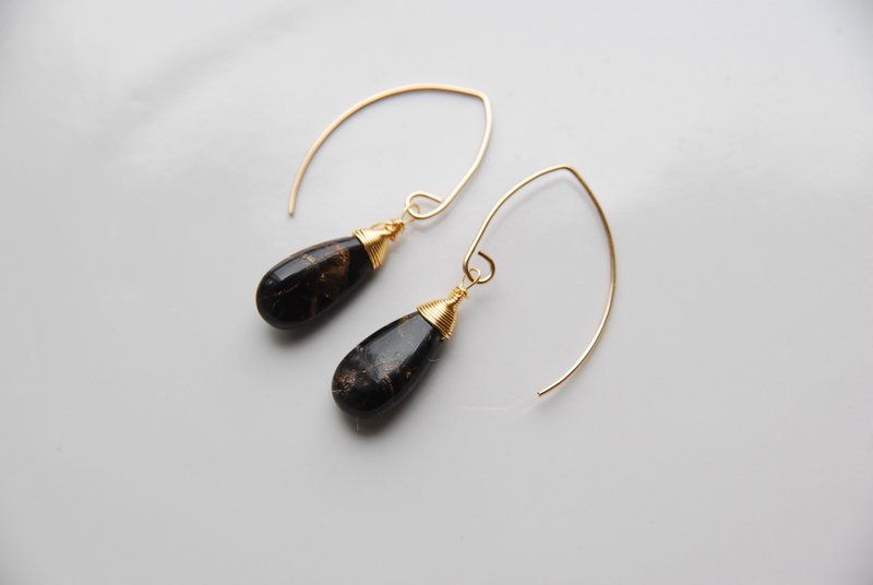 Copper Obsidian Marquise Hook Earrings 14kgf - Earrings & Clip-ons - Semi-Precious Stones Black