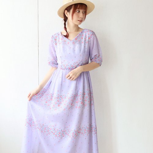 REreburn 春夏日系昭和風復古小碎花紫色短袖古著洋裝