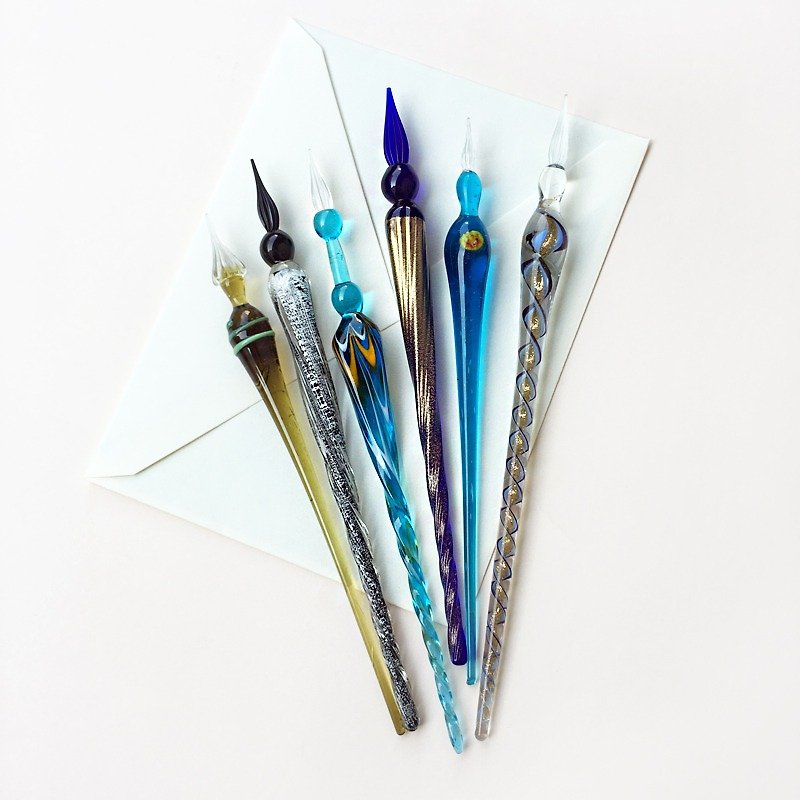 ◤義大利造型花色玻璃筆+玻璃筆架禮盒組﹝限量-C﹞ | 歐式 文具  Francesco Rubinato - 鋼筆 - 玻璃 藍色