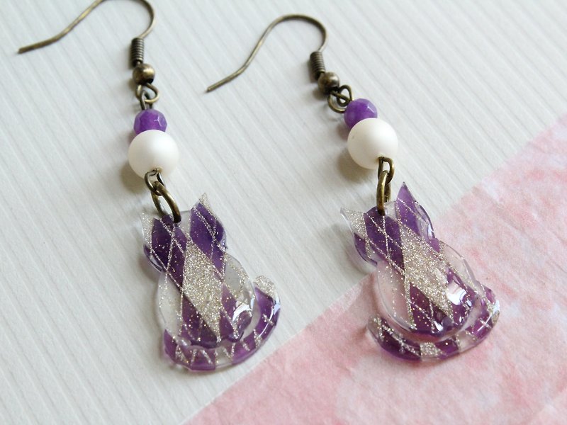 Violet and transparent rhombus little cat earrings - Earrings & Clip-ons - Plastic Purple