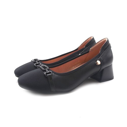 米蘭皮鞋Milano PQ(女)方頭鍊飾拼布質感低跟鞋 女鞋-黑色