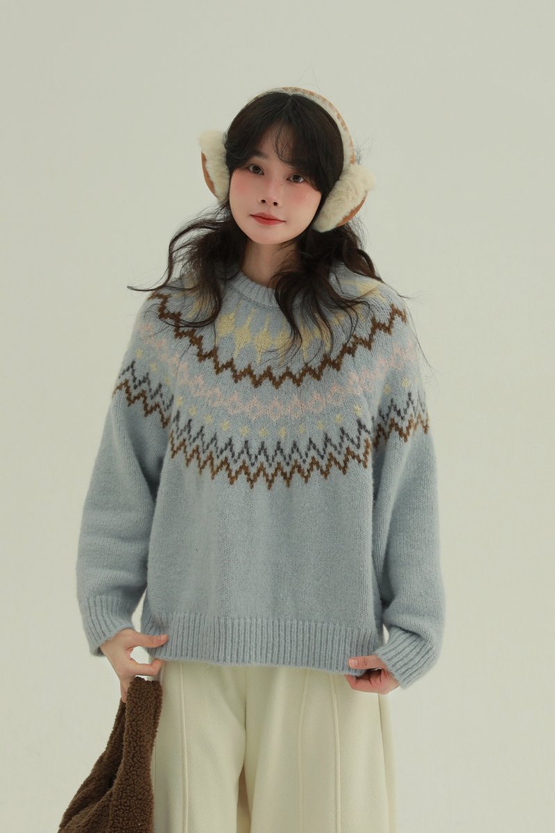 3顏色 雲朵布丁 套頭費爾島毛衣 復古提花長袖保暖針織衫上衣 - 女裝毛衣/針織衫 - 聚酯纖維 藍色