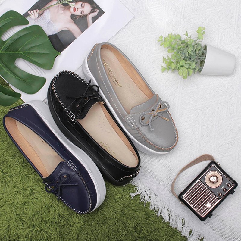 String Bow Platform Moccasins - All Black/Blue/Grey 1DR76 - รองเท้าบัลเลต์ - หนังเทียม สีดำ