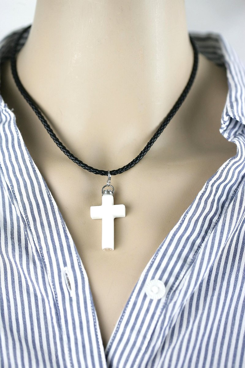 精油瓶項鍊-中十字架M1 - 項鍊 - 陶 白色