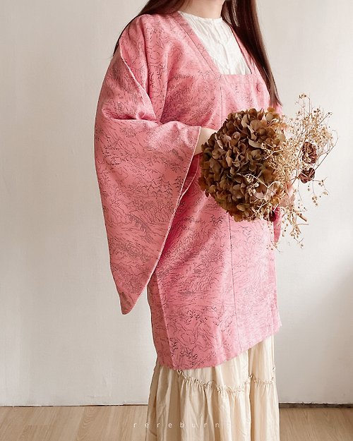 REreburn 日本製和風印花粉紅色薄款古著道行羽織和服外套-瑕疵特