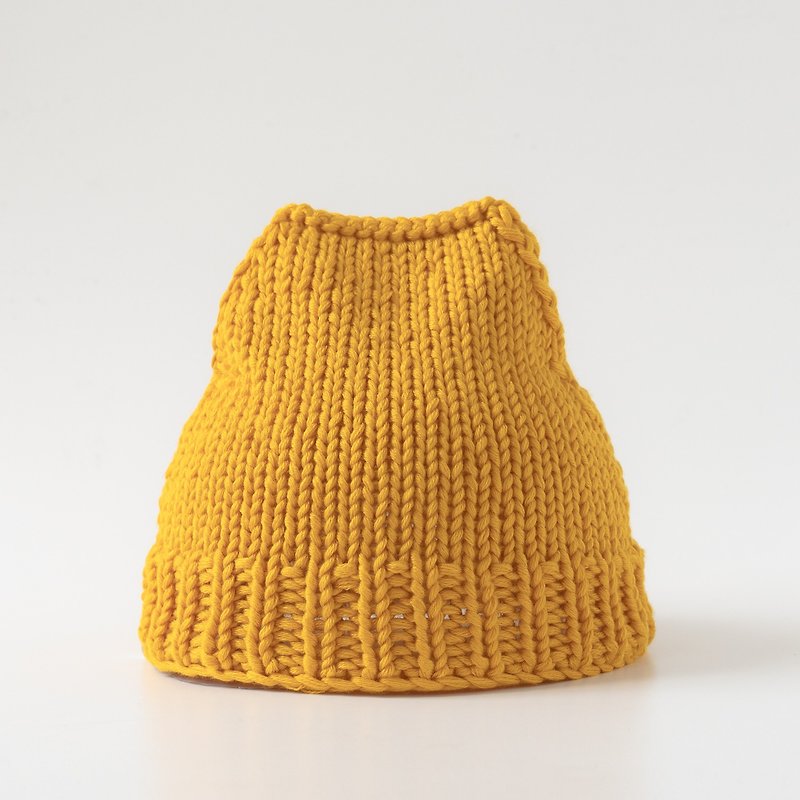 OTB102 梯型手工編織毛帽－黃 - 帽子 - 棉．麻 黃色