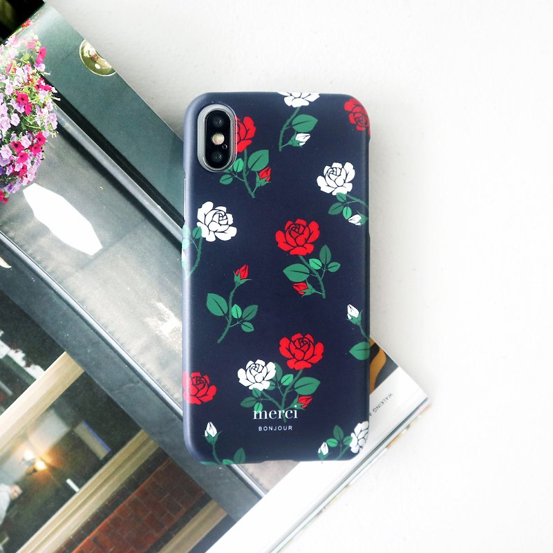 Red and white rose dark blue phone case - Phone Cases - Plastic Blue