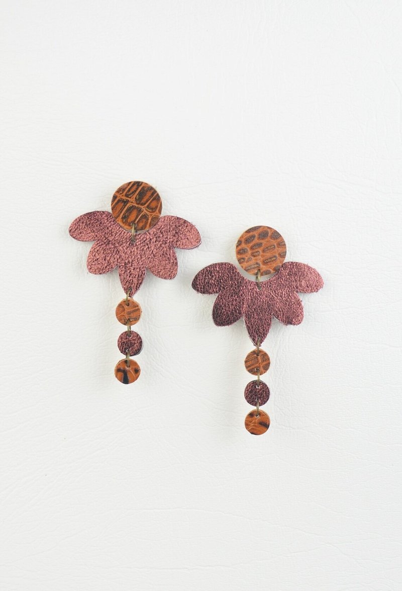 Leather Earrings in Brown and Metallic Red Pattern Genuine Salvaged Leather - Earrings & Clip-ons - Genuine Leather Brown