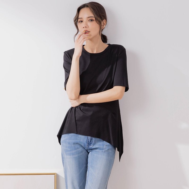 【MEDUSA】スタイリングカット裾ウエストプレーントップス-ブラック（M-XL）|レディーストップス - Tシャツ - その他の素材 ブラック